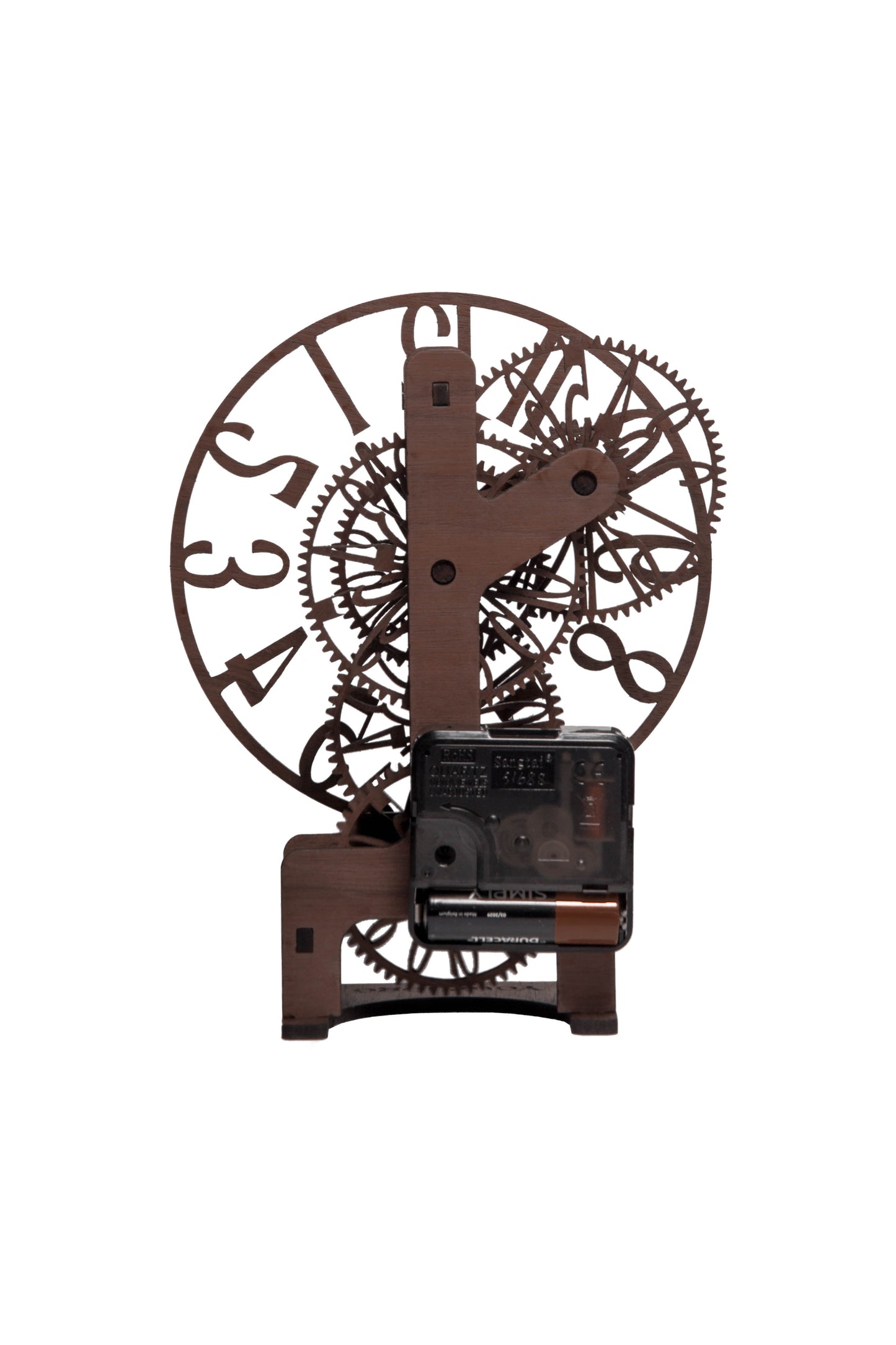 Lesena ura – Lasersko izrezan mehanski DIY komplet | Namizna ura z drznimi številkami
